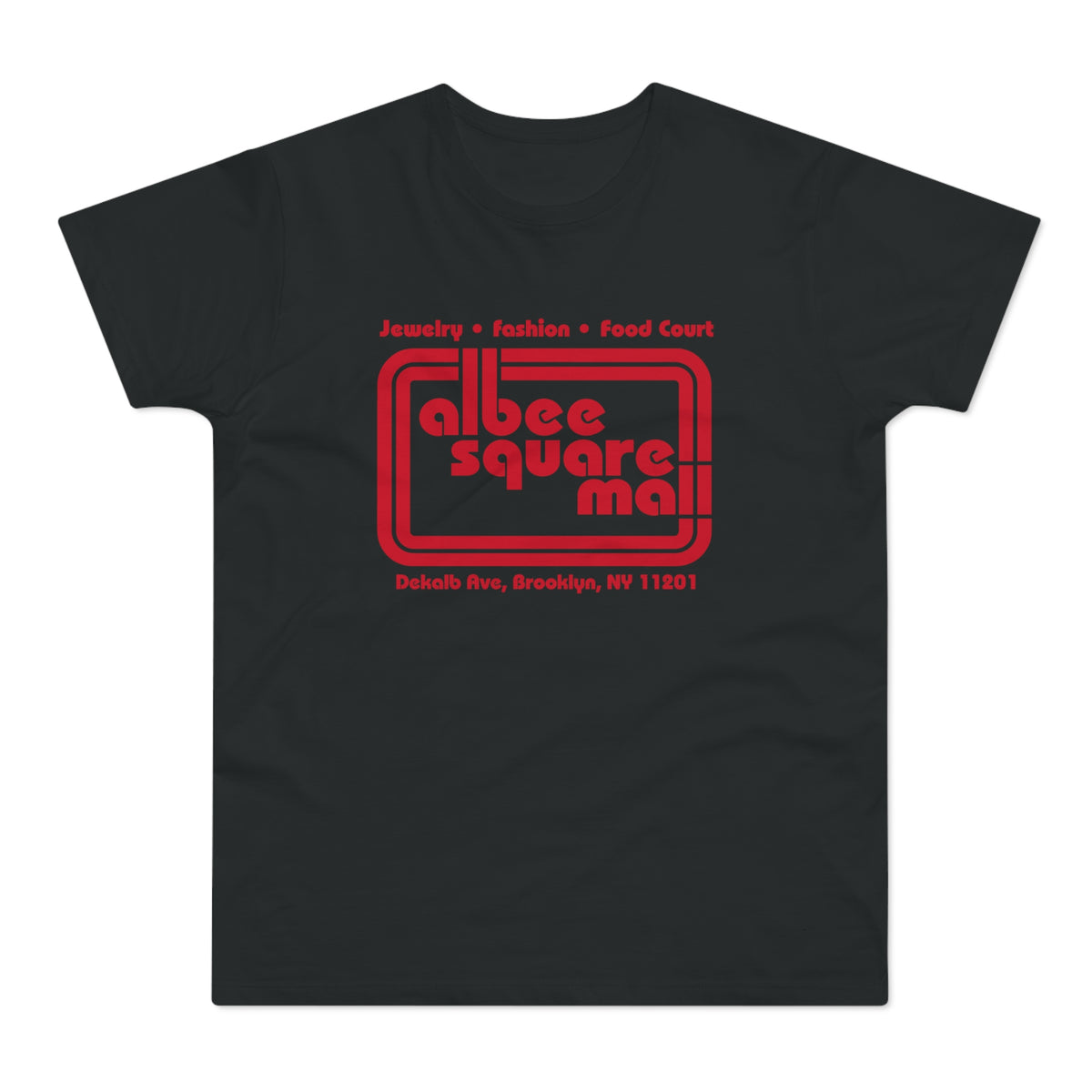 Black t-shirt with red Albee Square Mall logo and Brooklyn address.