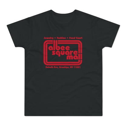 Black t-shirt with red Albee Square Mall logo and Brooklyn address.