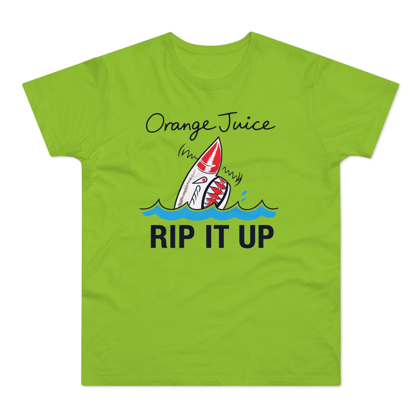 Green t-shirt with "Orange Juice" and "RIP IT UP" text, and a shark graphic.