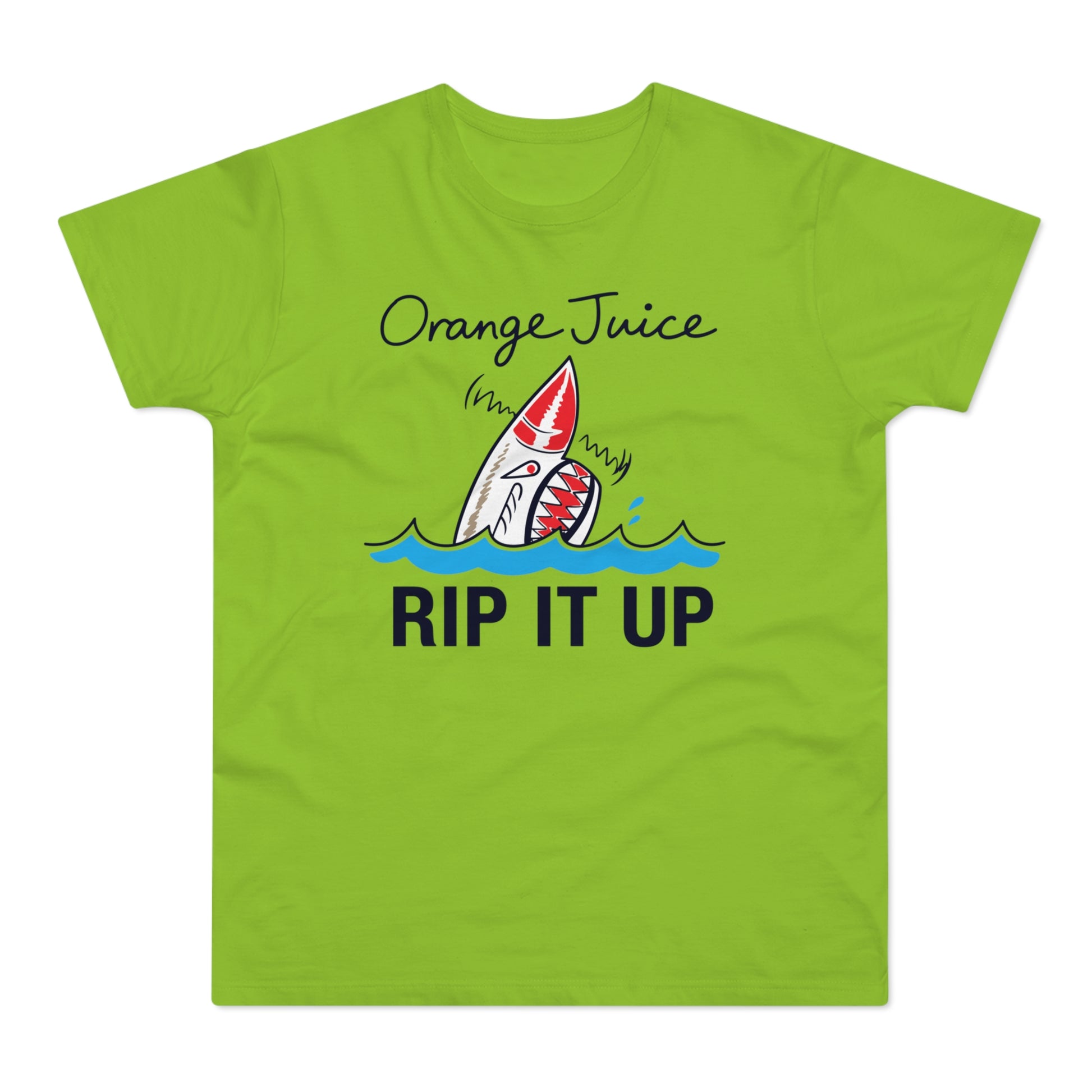Green t-shirt with "Orange Juice" and "RIP IT UP" text, and a shark graphic.