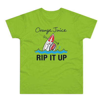 Green t-shirt with "Orange Juice" and "RIP IT UP" text, and a shark graphic.