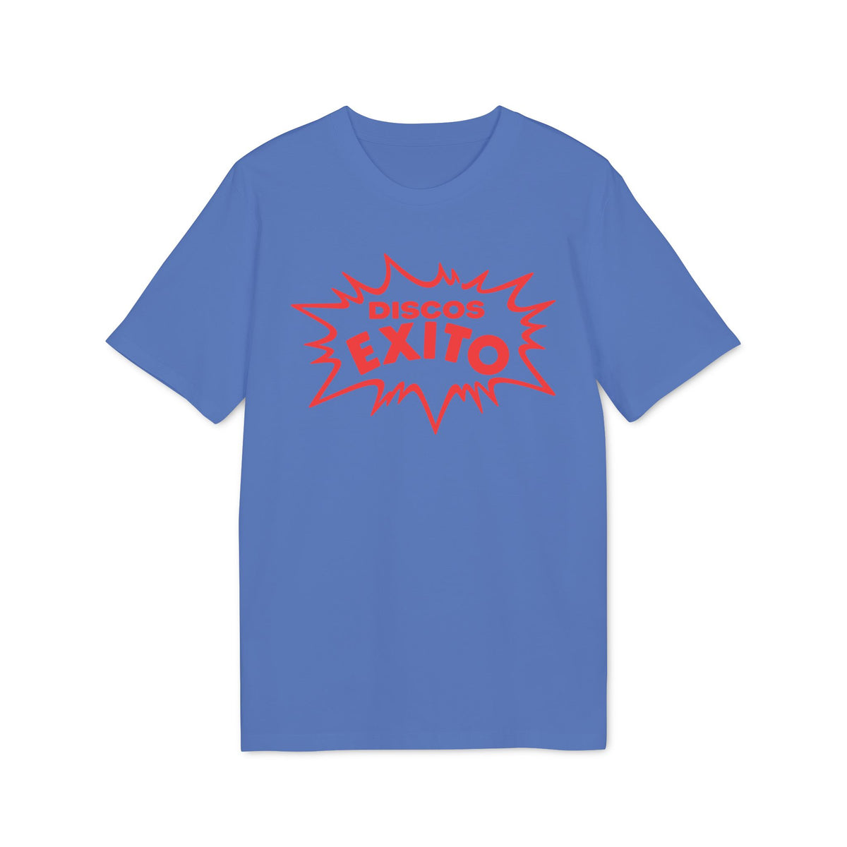 A blue short-sleeved t-shirt features a red graphic with the text Discos Exito in a jagged speech bubble.