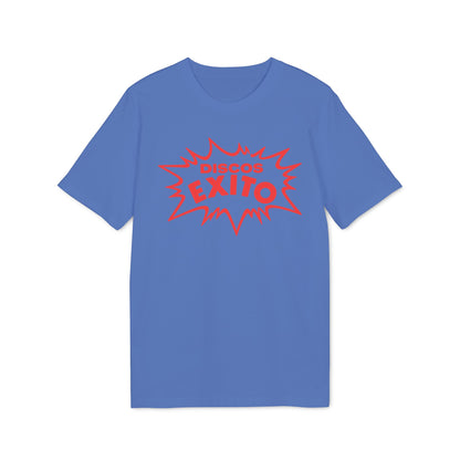 A blue short-sleeved t-shirt features a red graphic with the text Discos Exito in a jagged speech bubble.