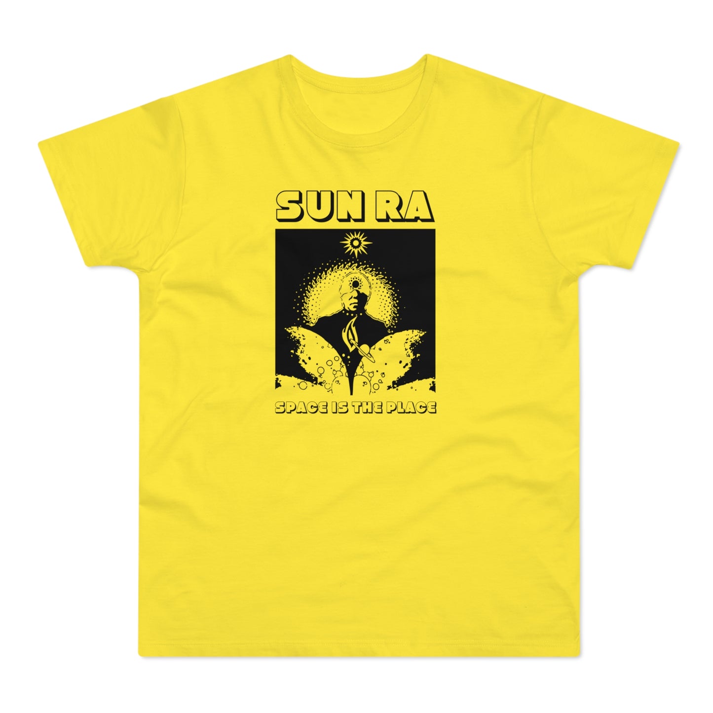Yellow t-shirt with black "SUN RA SPACE IS THE PLACE" graphic.