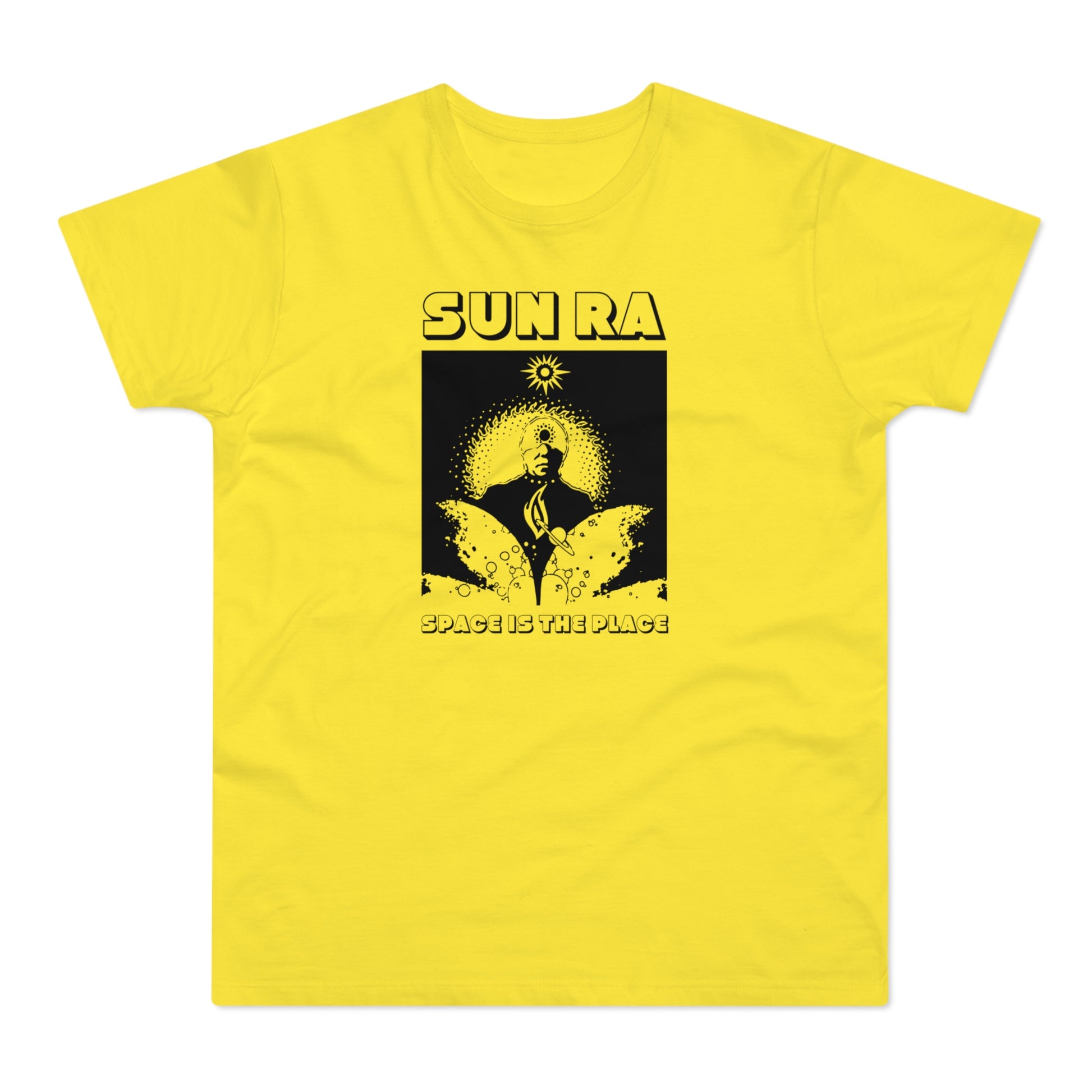 Yellow t-shirt with black "SUN RA SPACE IS THE PLACE" graphic.