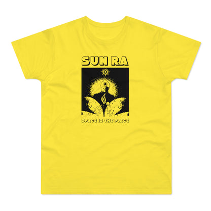 Yellow t-shirt with black "SUN RA SPACE IS THE PLACE" graphic.