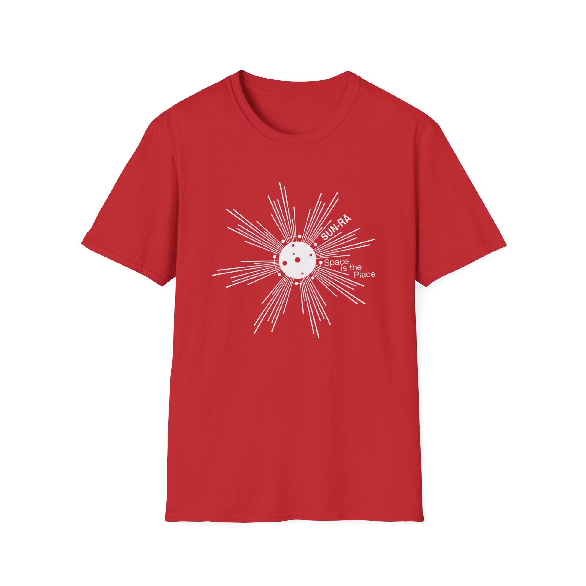 Red t-shirt with white "SUN-RA Space is the Place" graphic and sunburst.