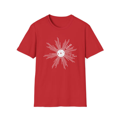 Red t-shirt with white "SUN-RA Space is the Place" graphic and sunburst.