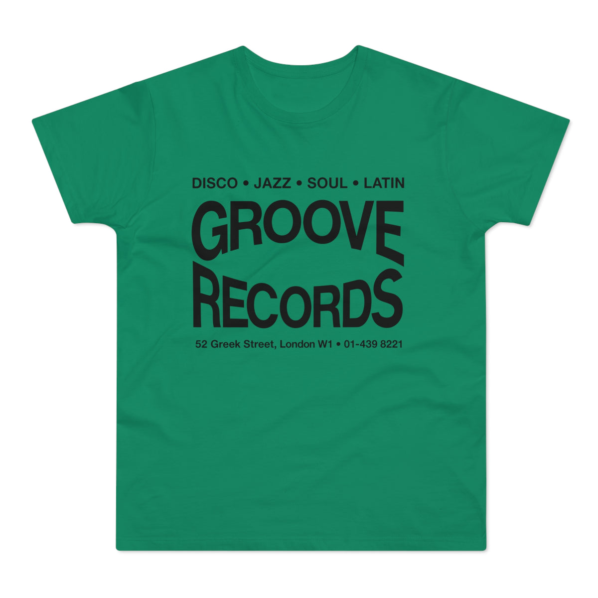 Green t-shirt with black text: Groove Records, Disco, Jazz, Soul, Latin, 52 Greek Street, London W1.