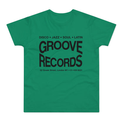 Green t-shirt with black text: Groove Records, Disco, Jazz, Soul, Latin, 52 Greek Street, London W1.