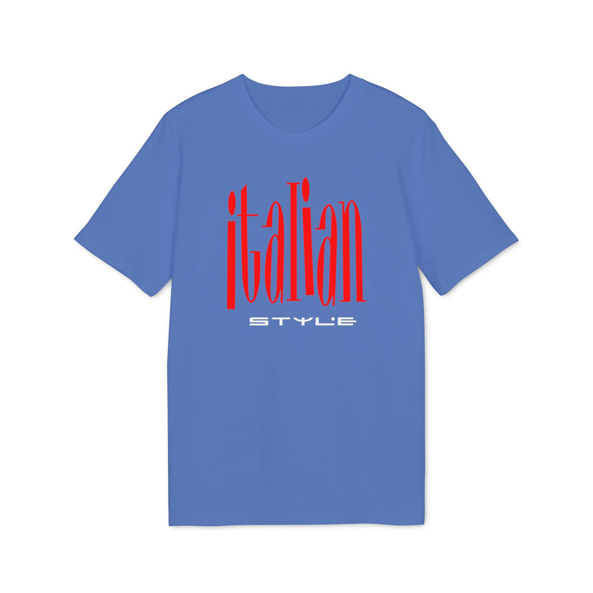 Blue short-sleeved crew neck t-shirt featuring red text reading italian and white text below reading style