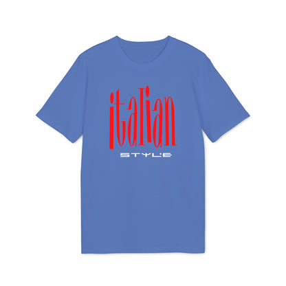 Blue short-sleeved crew neck t-shirt featuring red text reading italian and white text below reading style