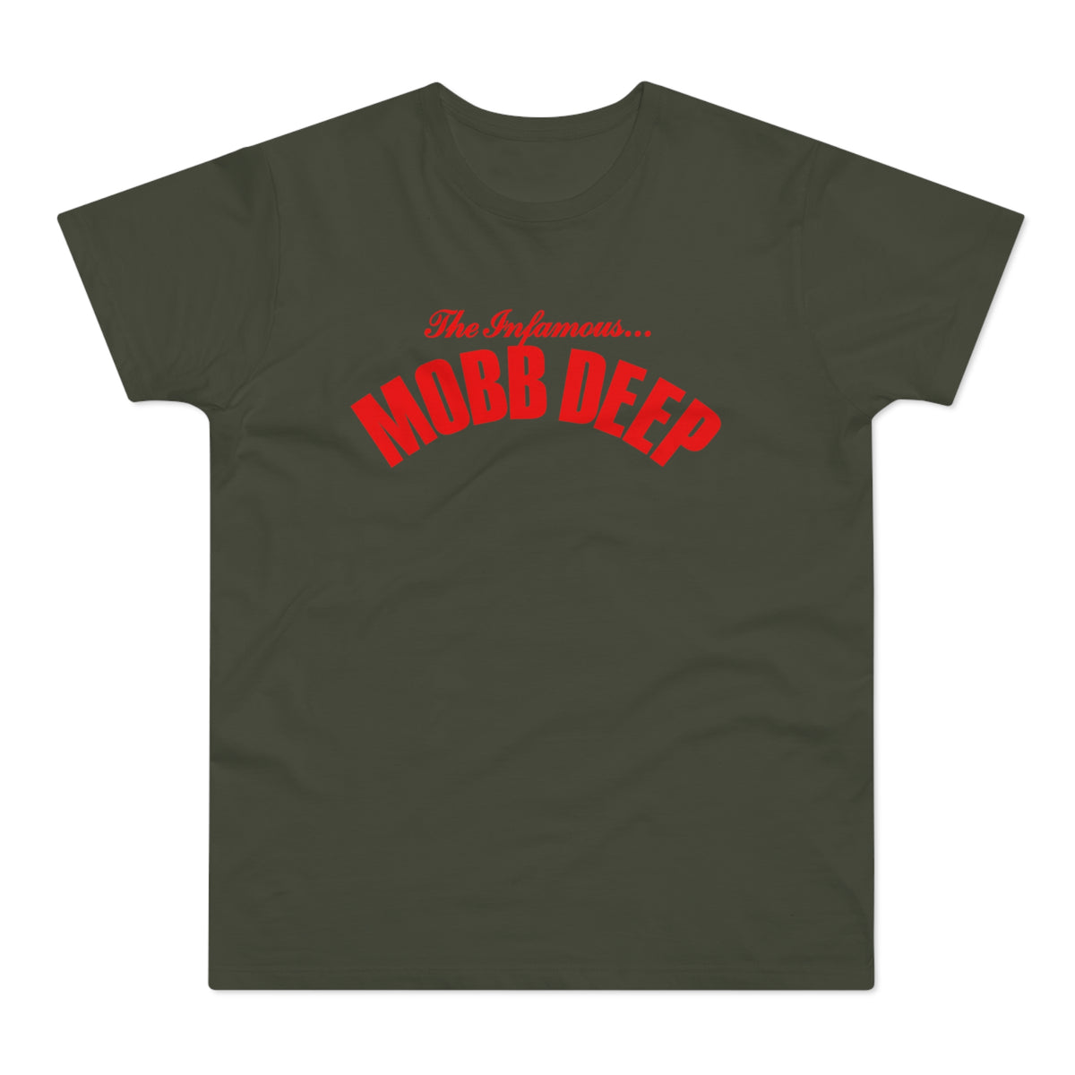 Dark green t-shirt with red text "The Infamous... MOBB DEEP".