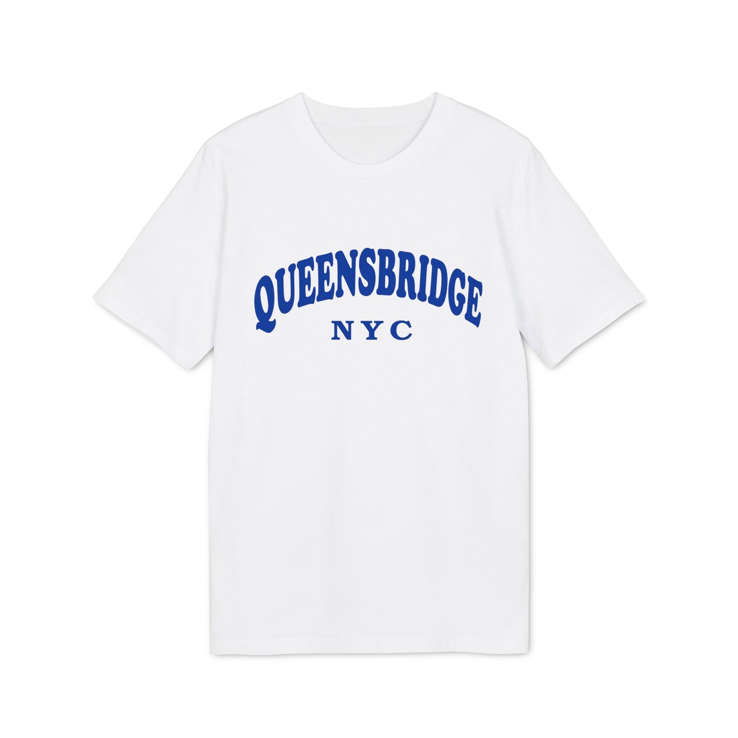 White t-shirt with blue "QUEENSBRIDGE NYC" text.