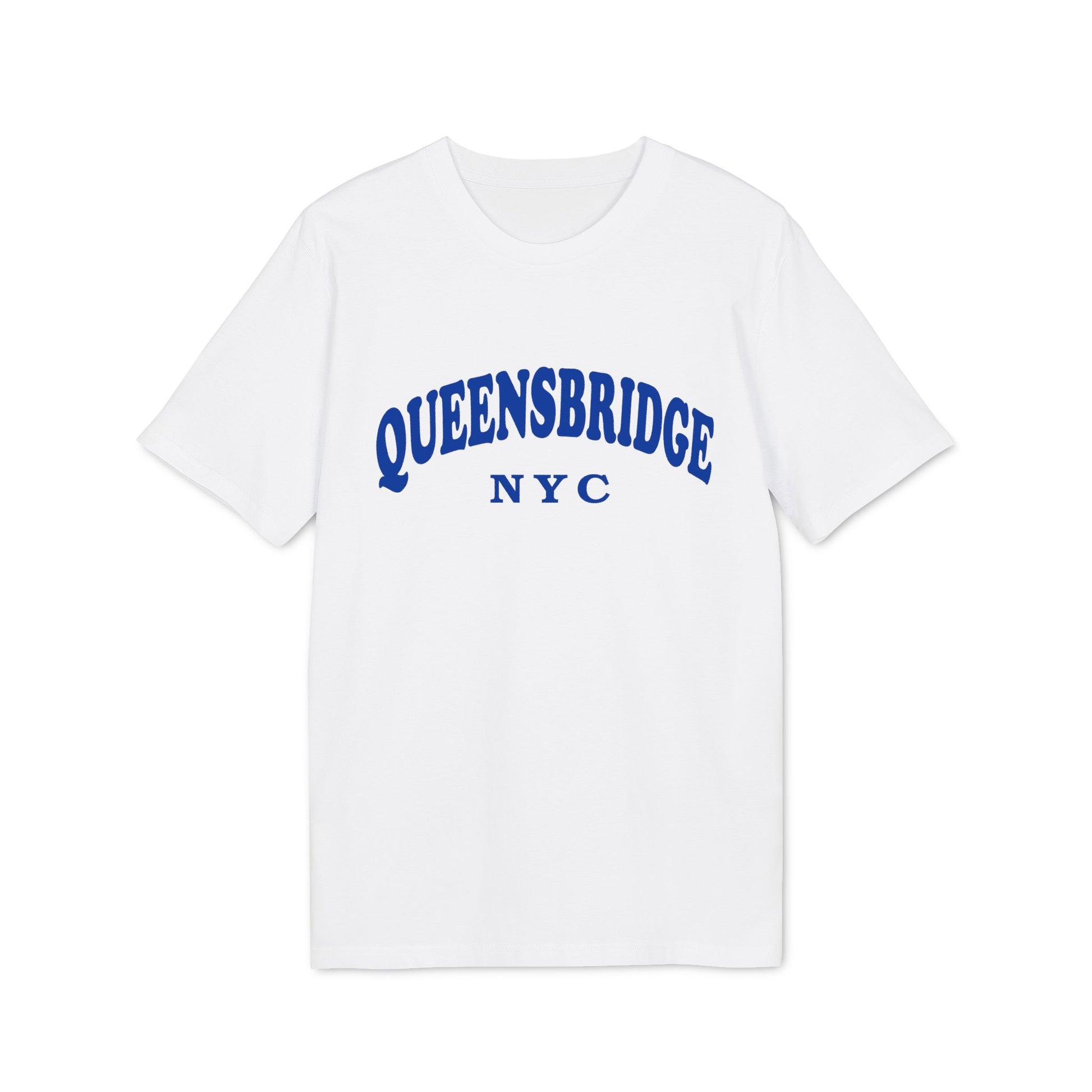 White t-shirt with blue "QUEENSBRIDGE NYC" text.
