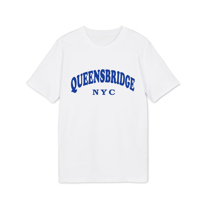 White t-shirt with blue "QUEENSBRIDGE NYC" text.