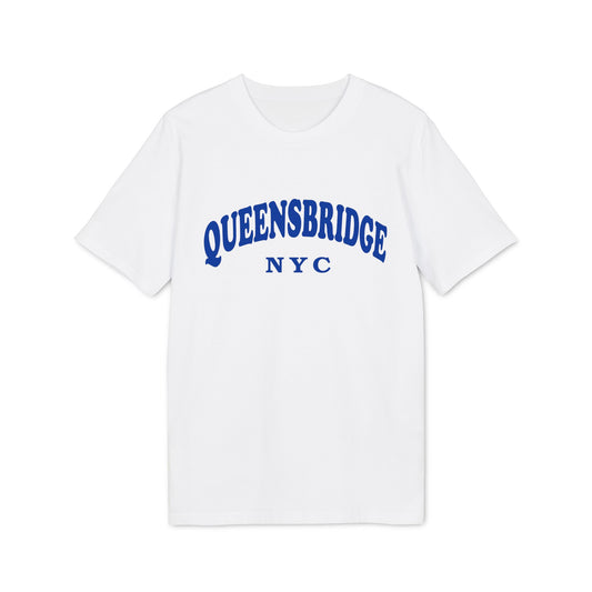 White t-shirt with blue "QUEENSBRIDGE NYC" text.