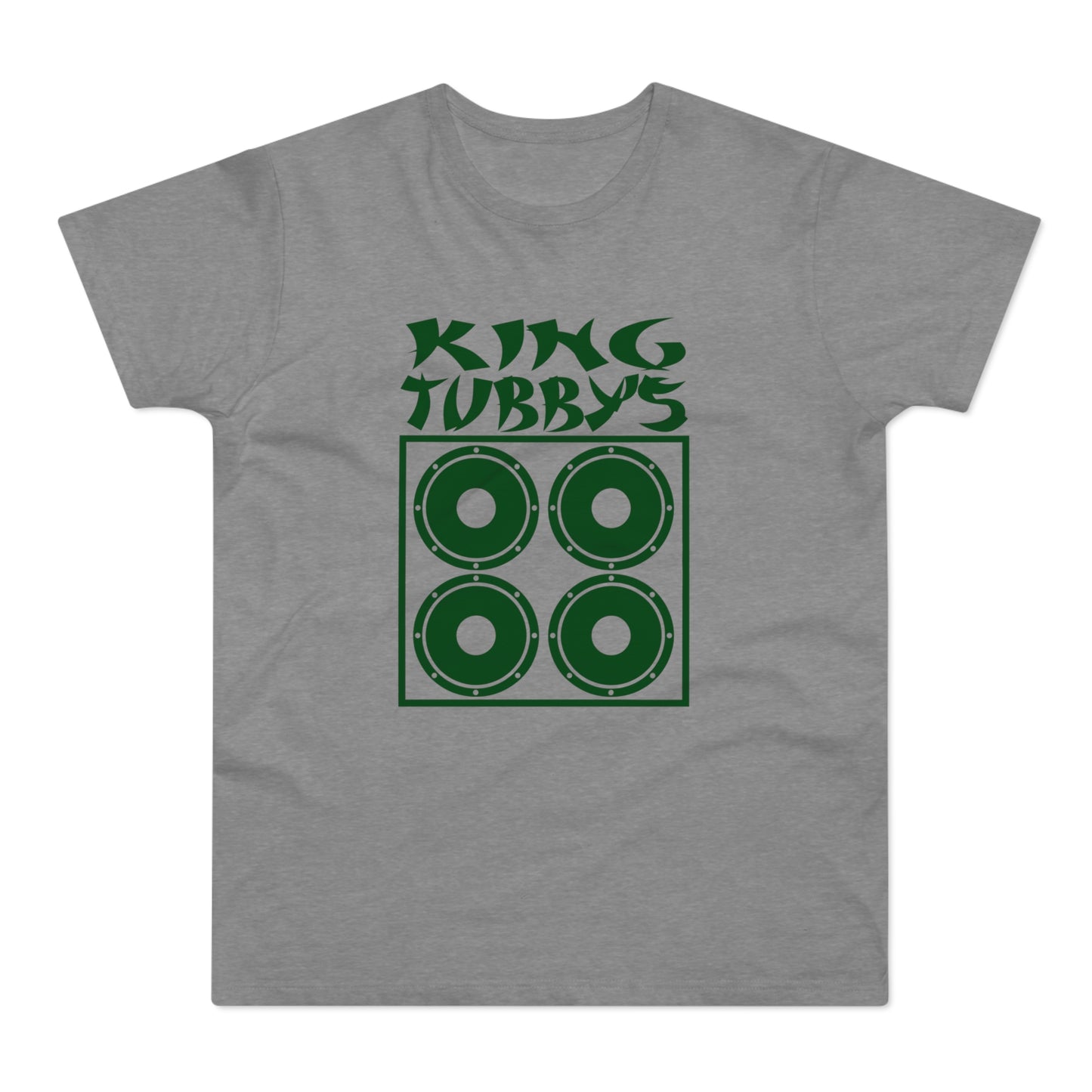 Grey t-shirt with green King Tubby's logo and graphic of a four-speaker cabinet.