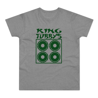 Grey t-shirt with green King Tubby's logo and graphic of a four-speaker cabinet.
