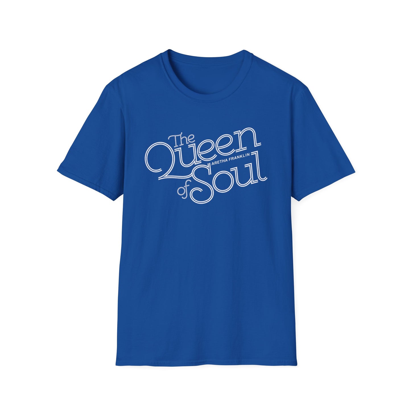 Blue t-shirt with white text "The Queen of Soul Aretha Franklin".