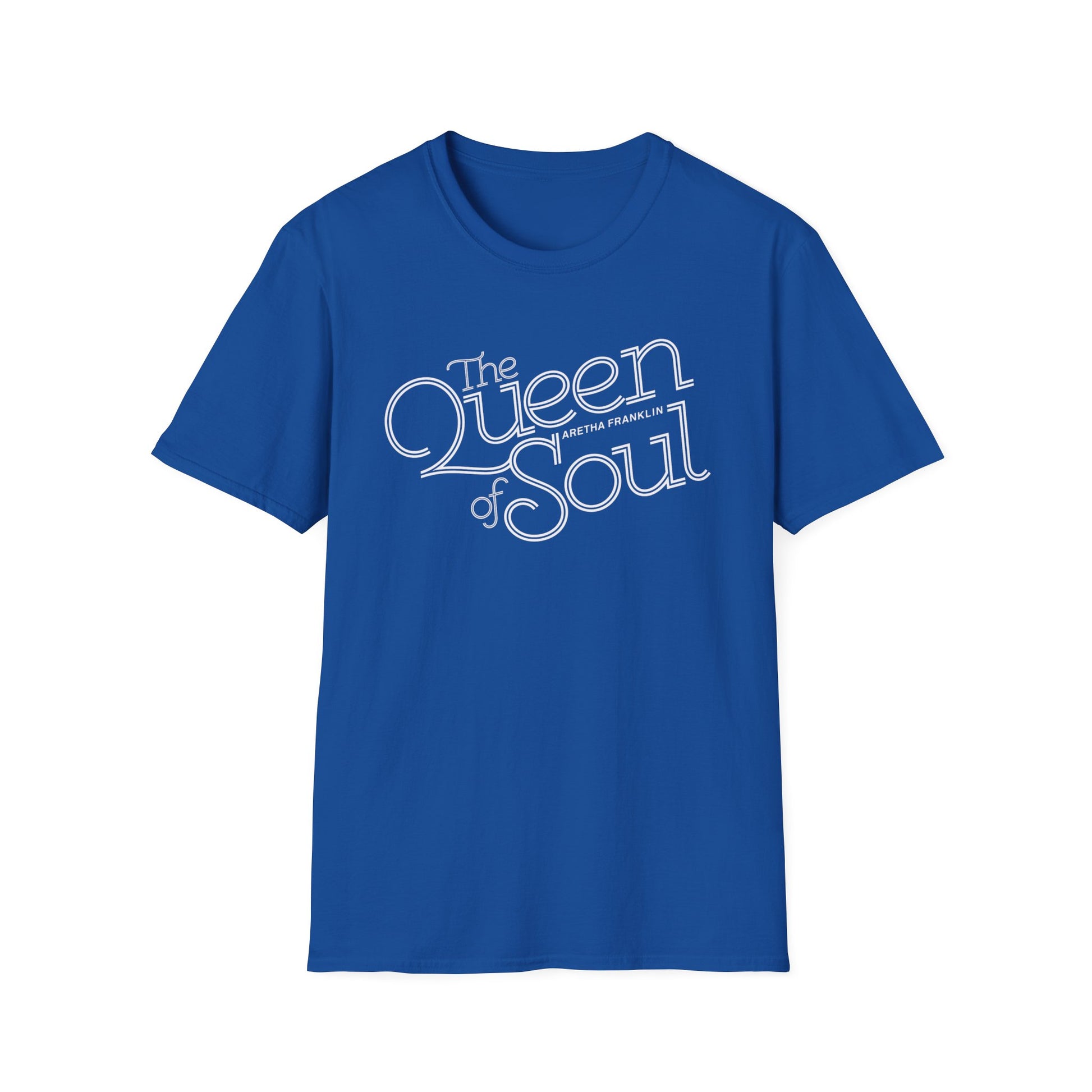 Blue t-shirt with white text "The Queen of Soul Aretha Franklin".