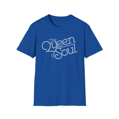 Blue t-shirt with white text "The Queen of Soul Aretha Franklin".