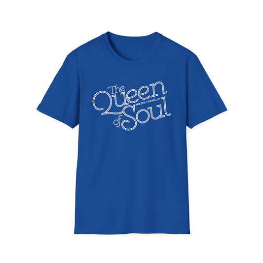 Blue t-shirt with white text "The Queen of Soul Aretha Franklin".