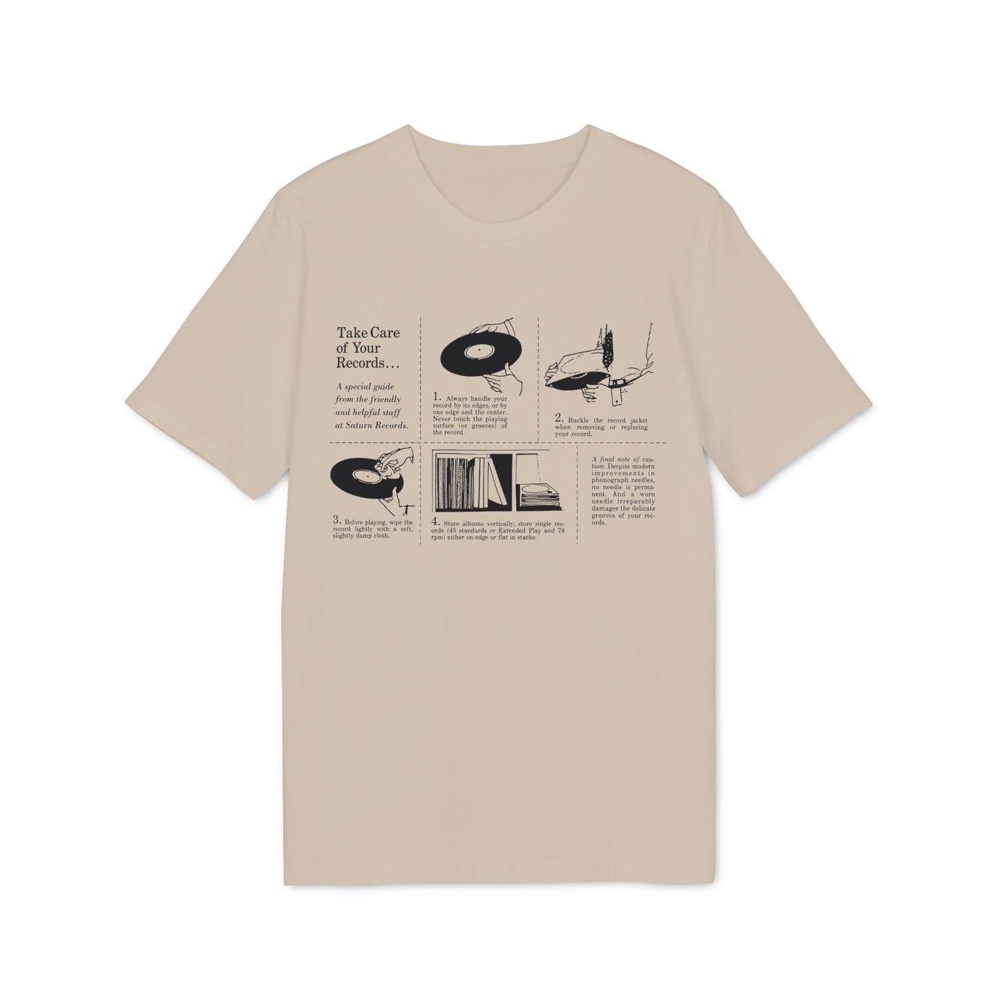 Illustration guide to safely handle, clean, and store vinyl records.