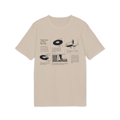 Illustration guide to safely handle, clean, and store vinyl records.