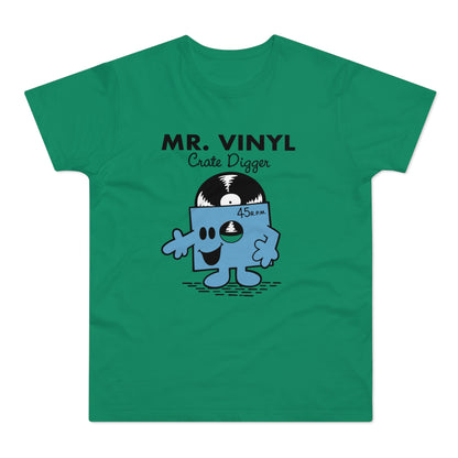 Mr. Vinyl Crate Digger graphic on a green t-shirt with 45 R.P.M. record.