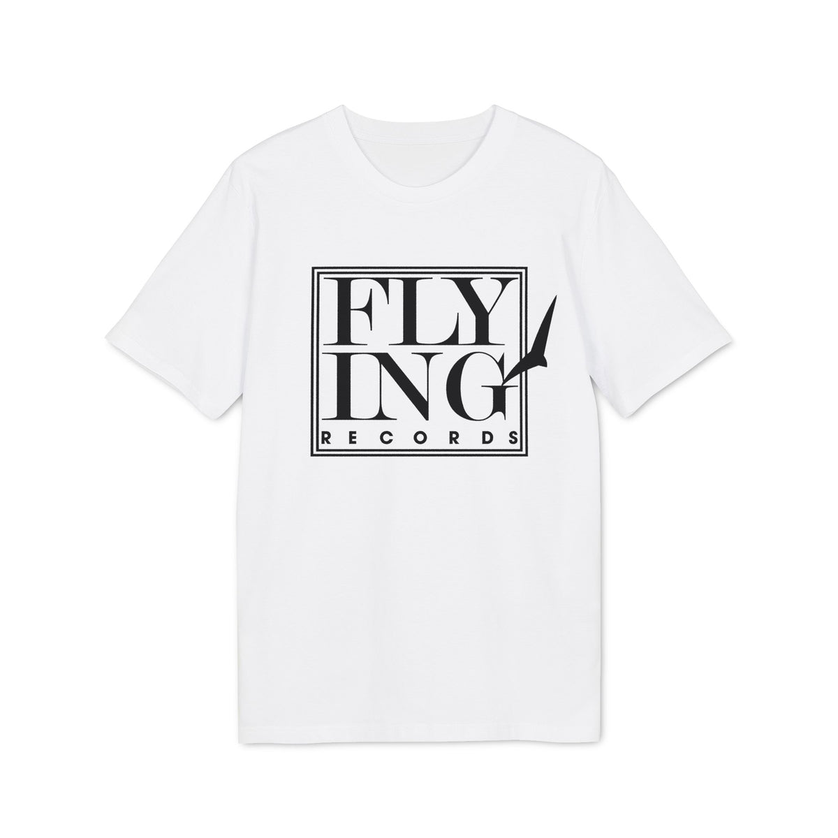 A plain white crewneck t-shirt featuring a black graphic logo with the text Flying Records centered on the chest.