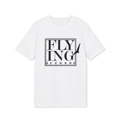 A plain white crewneck t-shirt featuring a black graphic logo with the text Flying Records centered on the chest.