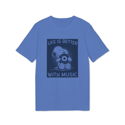 A blue short-sleeve t-shirt features a dark blue graphic of Snoopy holding a record, with text reading "Life is better with music."