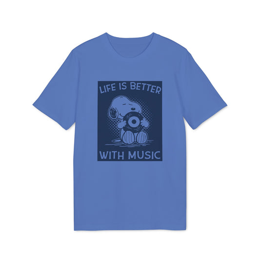 A blue short-sleeve t-shirt features a dark blue graphic of Snoopy holding a record, with text reading "Life is better with music."