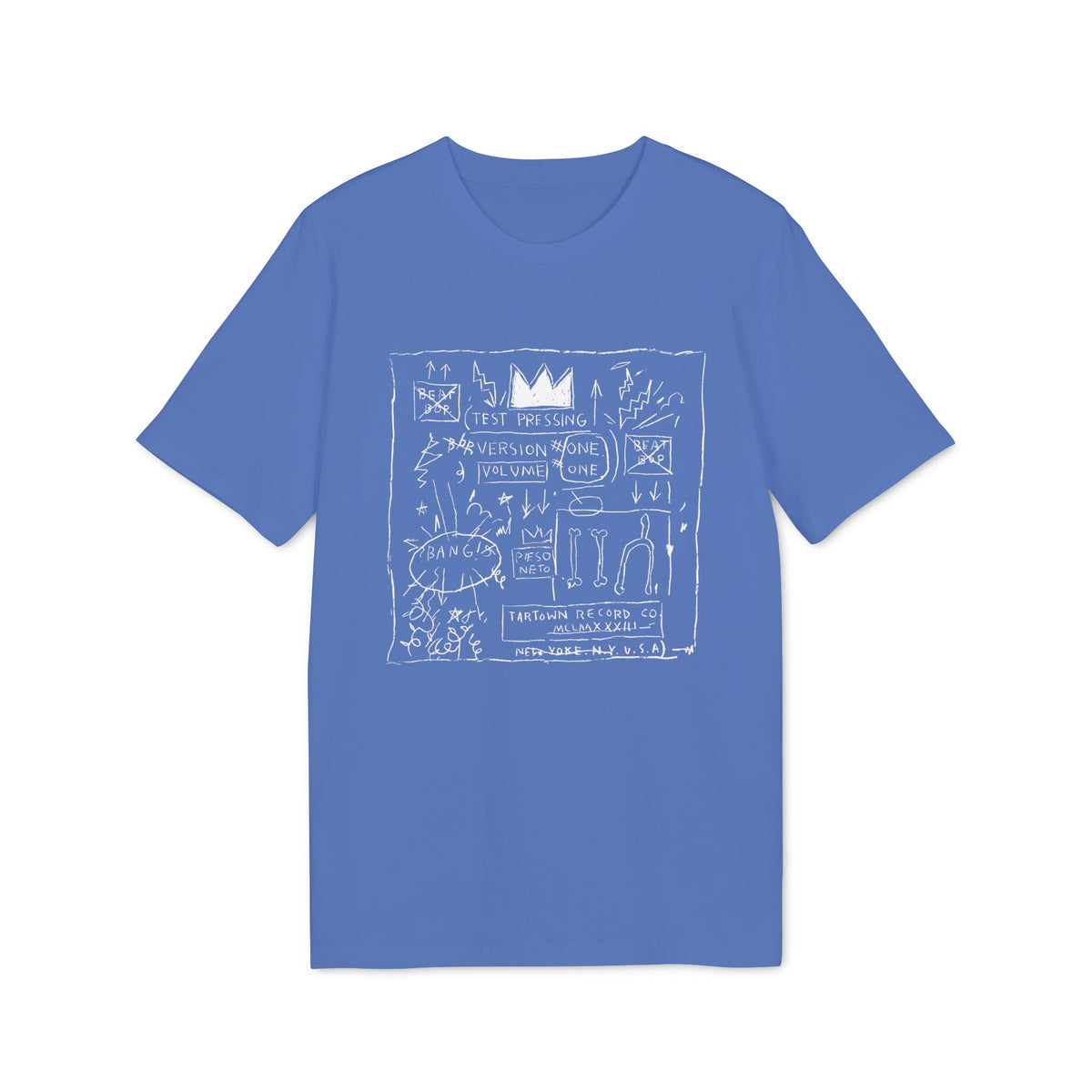 A blue short-sleeve t-shirt with a white graphic print containing text and abstract doodles.