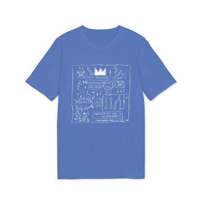 A blue short-sleeve t-shirt with a white graphic print containing text and abstract doodles.