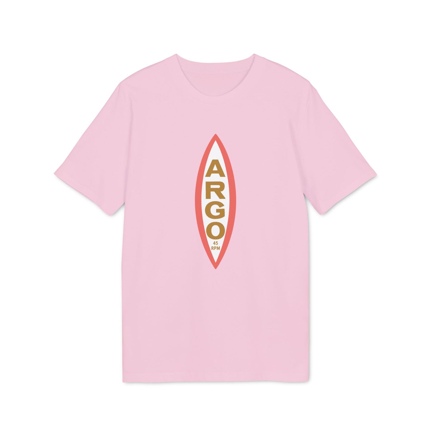 Pink t-shirt with "ARGO 45 RPM" text in a vertical oval design.