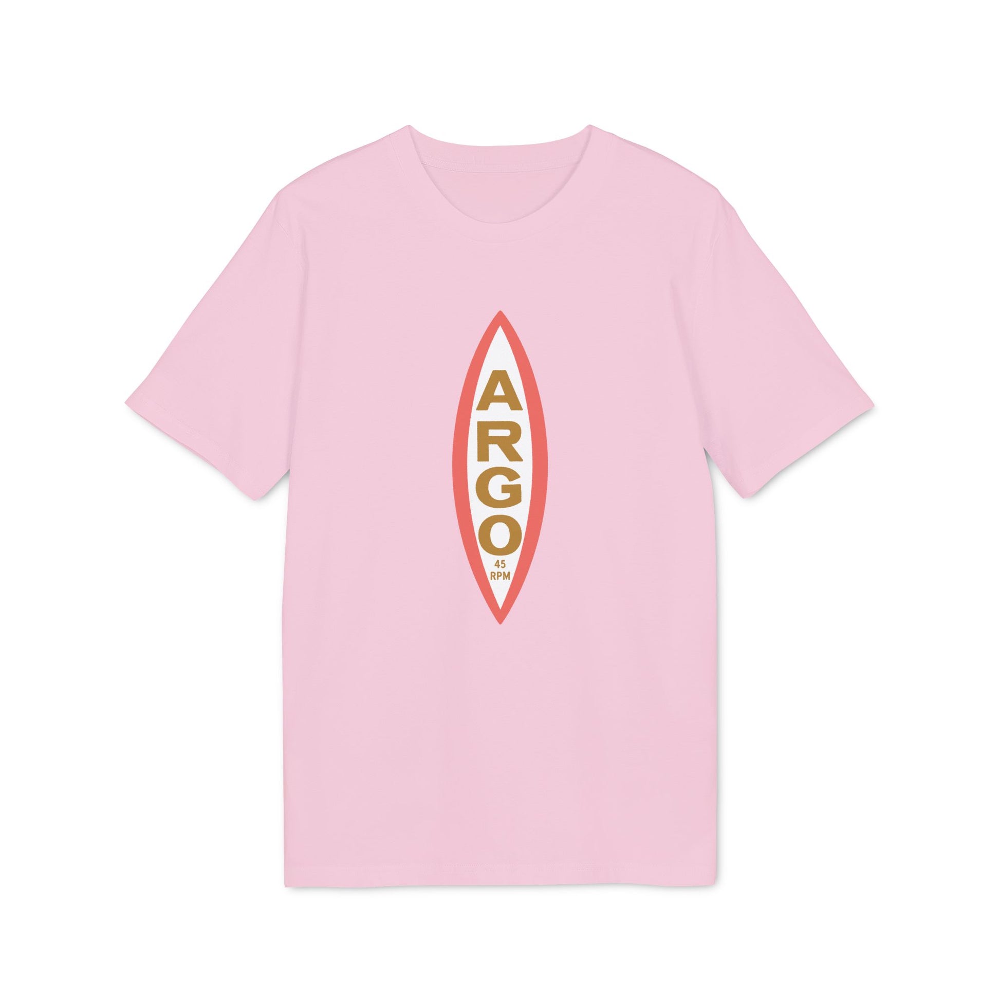 Pink t-shirt with "ARGO 45 RPM" text in a vertical oval design.