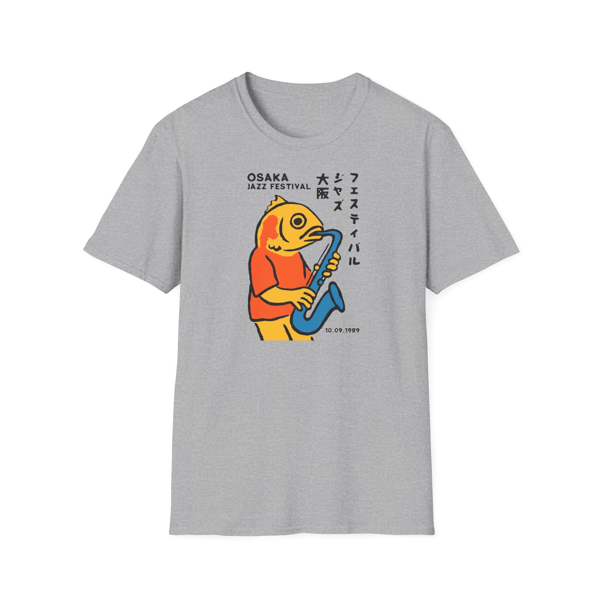 Grey t-shirt with an illustration of a fish playing a saxophone for Osaka Jazz Festival.