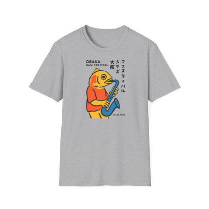 Grey t-shirt with an illustration of a fish playing a saxophone for Osaka Jazz Festival.