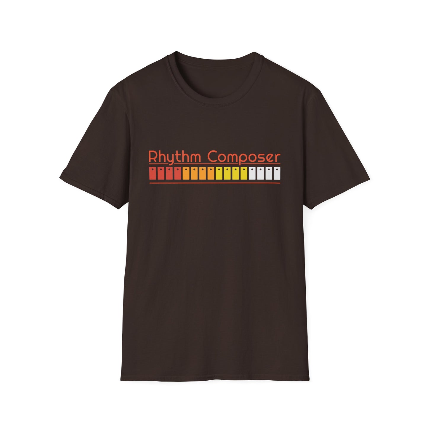 Dark brown t-shirt with orange "Rhythm Composer" text and a colorful equalizer graphic.