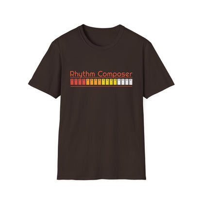 Dark brown t-shirt with orange "Rhythm Composer" text and a colorful equalizer graphic.