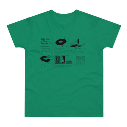 Green t-shirt with "Take Care of Your Records" guide on front.