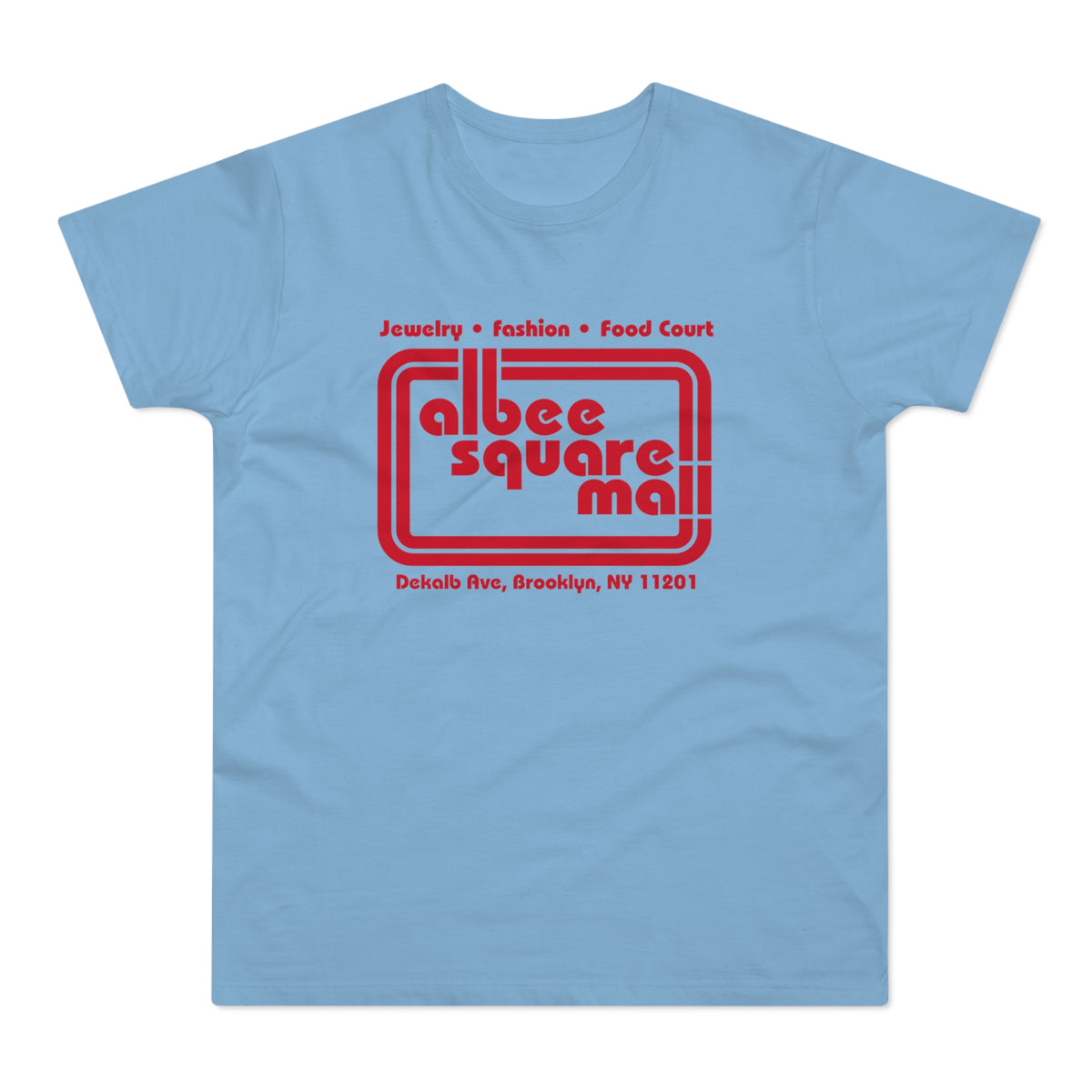 Light blue short-sleeve t-shirt with red Albee Square Mall logo printed on the chest.