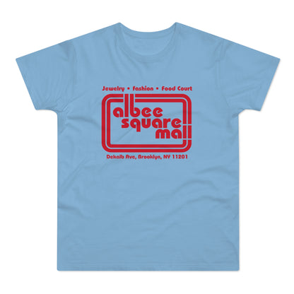 Light blue short-sleeve t-shirt with red Albee Square Mall logo printed on the chest.