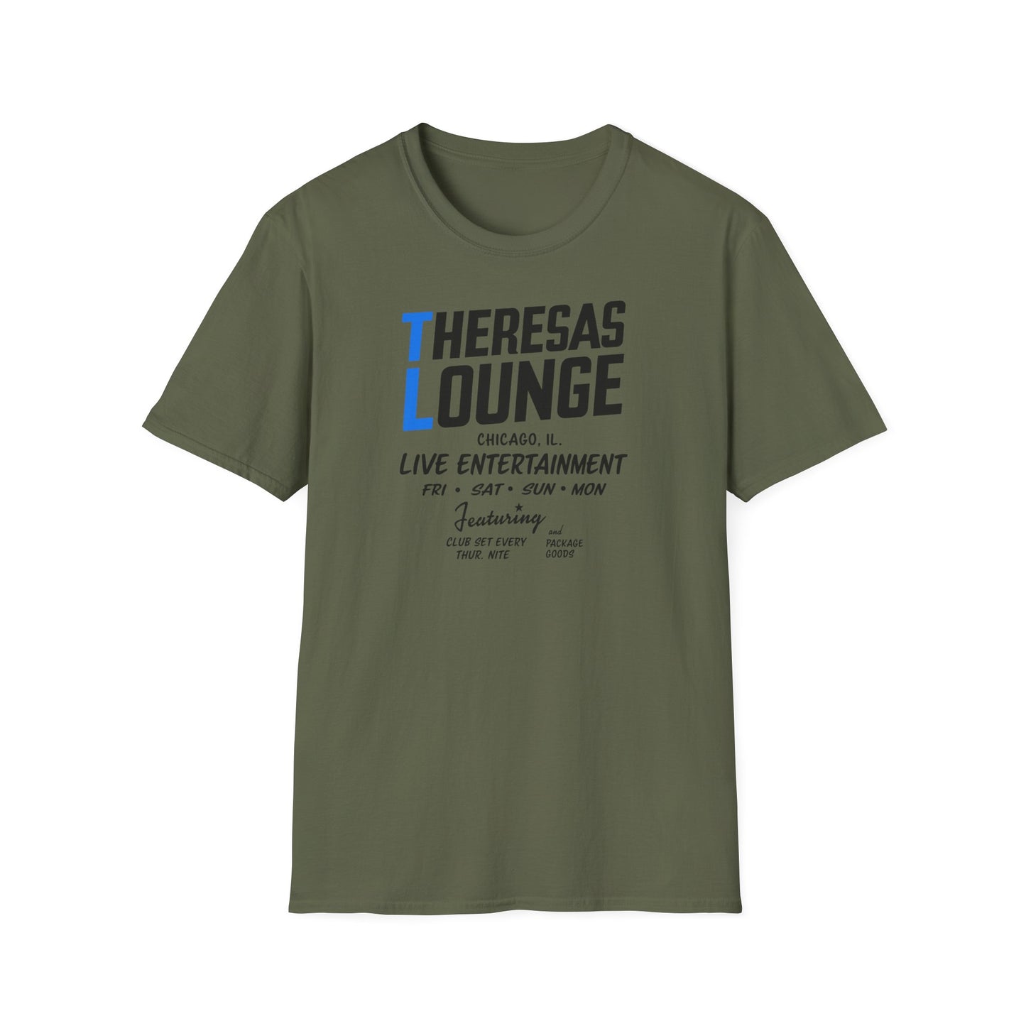 Green t-shirt with "Theresas Lounge" logo featuring live entertainment details.