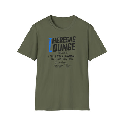 Green t-shirt with "Theresas Lounge" logo featuring live entertainment details.
