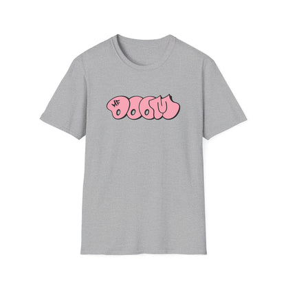 Grey t-shirt with pink bubble text and small "MF" logo.