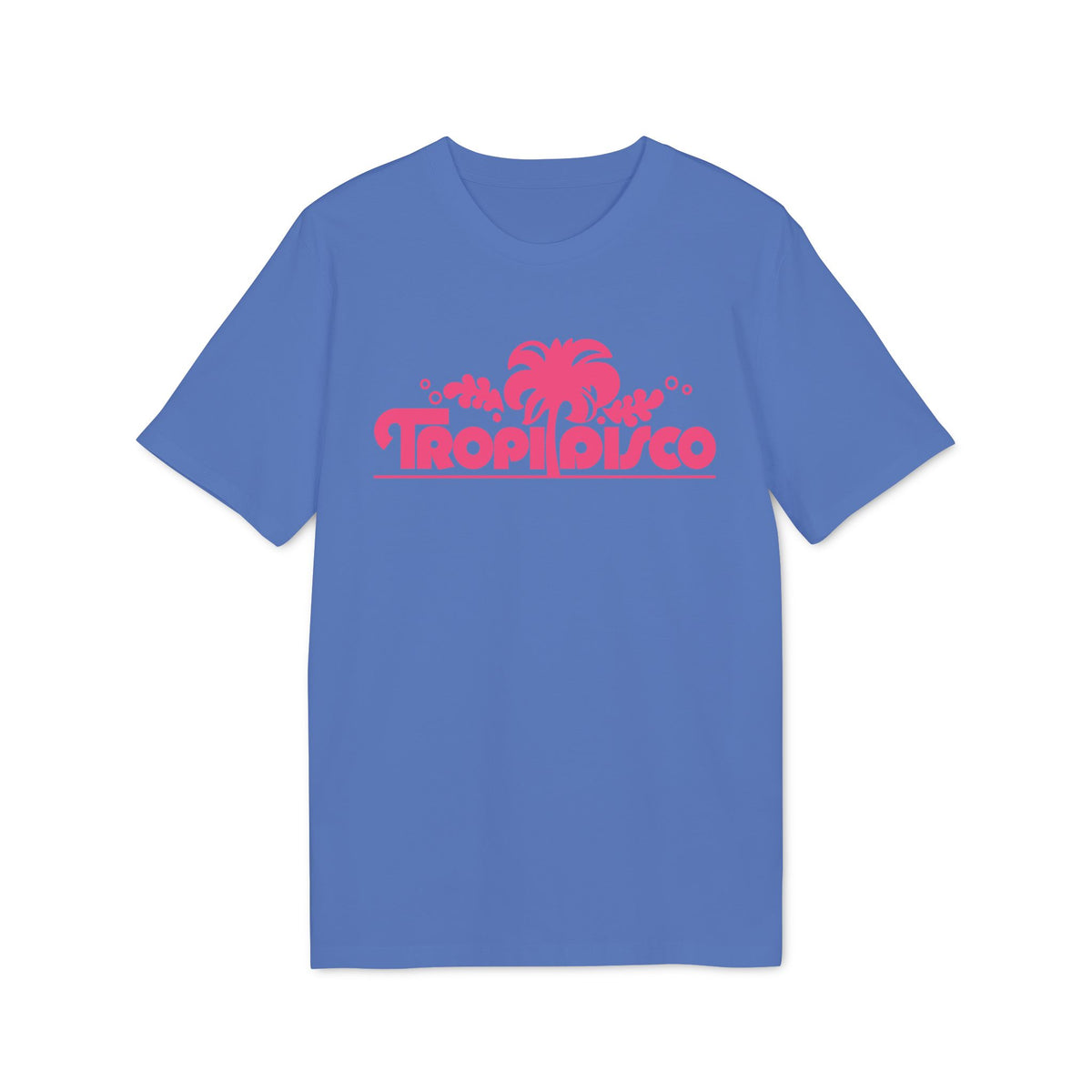 Blue short-sleeve t-shirt with pink graphic featuring a palm tree and the text Tropi Disco.