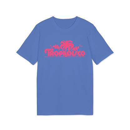 Blue short-sleeve t-shirt with pink graphic featuring a palm tree and the text Tropi Disco.